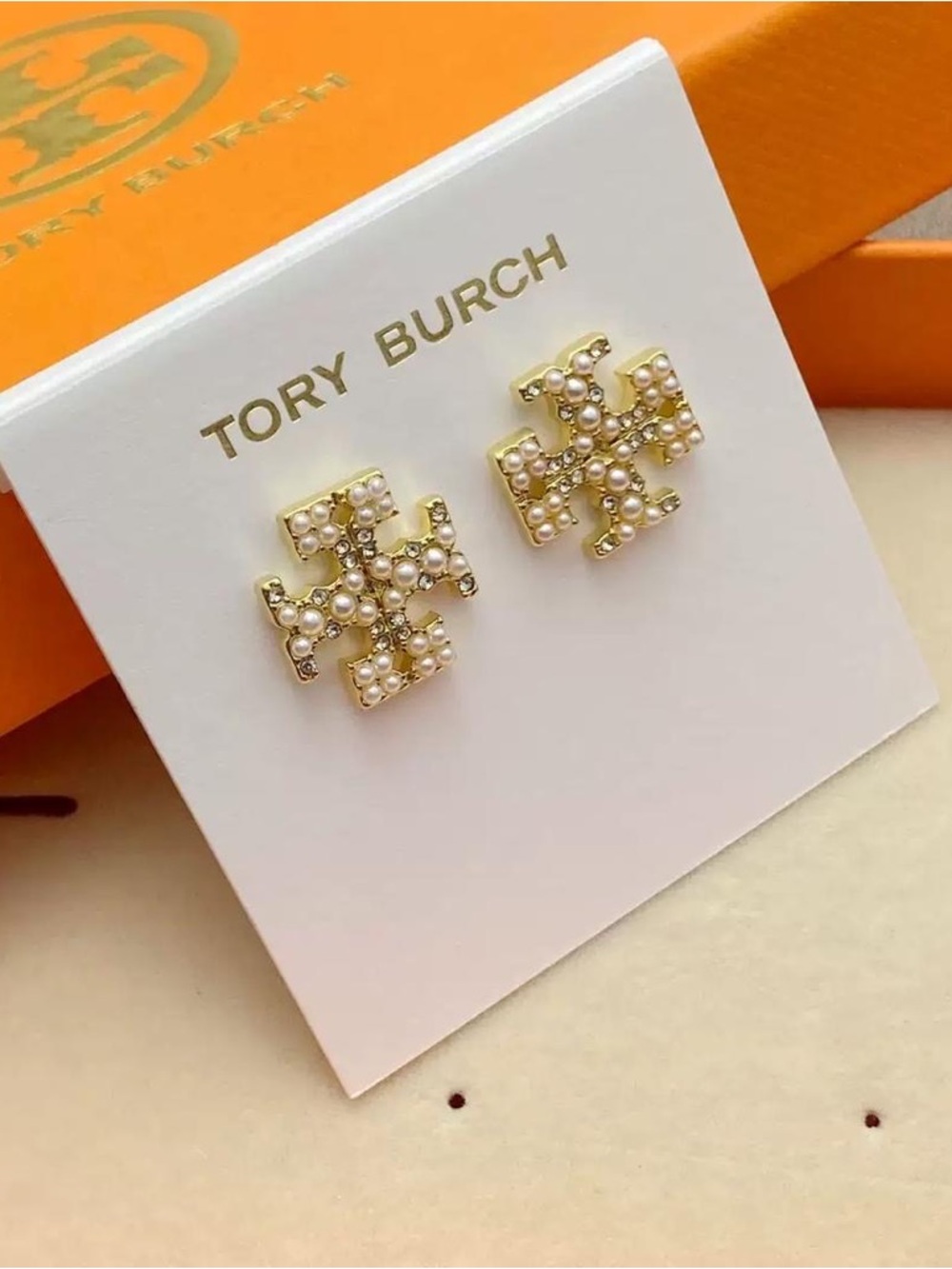 Tory Burch Gold Logo Stud Earrings with Pearls